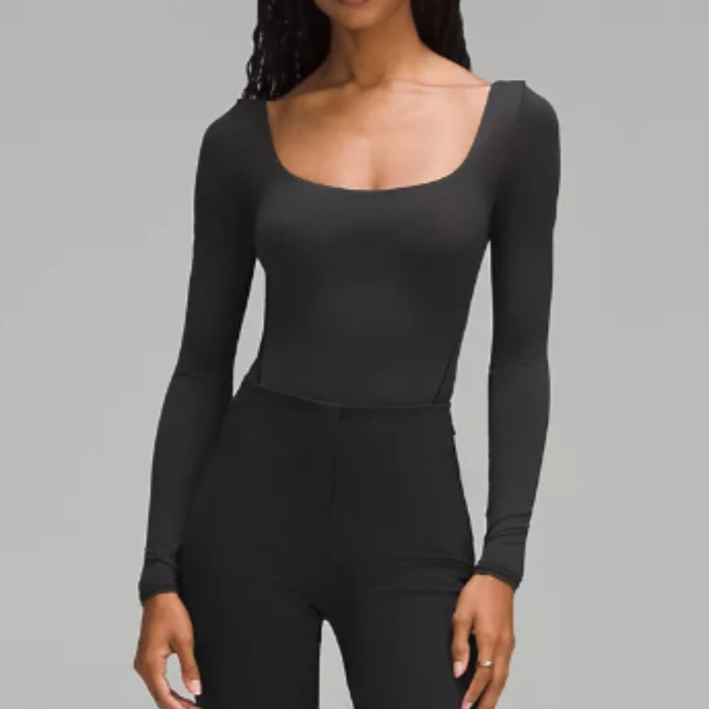 Wundermost Ultra-Soft Nulu Square-Neck Long-Sleeve Bodysuit - Size S - Black